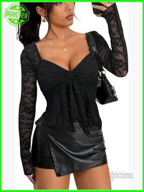 Women's Floral Lace Long Sleeve Crop Top Sweetheart Neck Peplum Going Out Tee